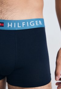 Caleçons en coton navy avec une ceinture élastique bleu clair ornée du texte "HILFIGER" et des éléments de logo en rouge et navy.
