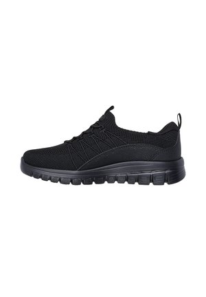 Black athletic shoes made of breathable knit material. Features a textured midsole and rubber outsole with several traction grooves.
