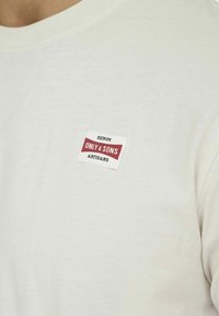 Light gray cotton t-shirt featuring a round neckline and a small red-and-white woven label with "DENIM ONLY & SONS ARTISANS" text.
