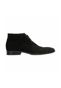 Bottines noires en daim avec un bout pointu, six œillets et un petit talon empilé. Surface texturée et design épuré.