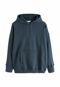 Mörkgrå oversized hoodie med framficka, justerbar dragskohetta och ribbade ärmslut och nederkant.