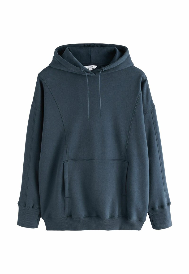 Mörkgrå oversized hoodie med framficka, justerbar dragskohetta och ribbade ärmslut och nederkant.