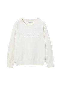 Maglione bianco lavorato a maglia con colletto rotondo. Presenta un logo testurizzato "BALANCE" al centro, una vestibilità rilassata e maniche lunghe.