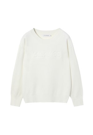 Valge kudumiste sweater, millel on ümara kaeluse disain. Keskosas on tekstureeritud "BALANCE" logo, lõdva lõikega ja pikad varrukad.
