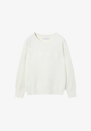 Balts adīts džemperis ar apaļu izgriezumu. Tam ir teksturēts "BALANCE" logotips centrā, brīvs piegriezums un garas piedurknes.