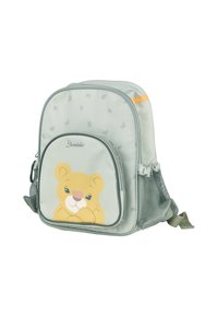 Hellgrüner Rucksack mit einem Löwengrafik, strukturiertem Stoff, vorderem Reißverschlussfach, Netzseitentaschen und kontrastierenden orangen Akzenten.