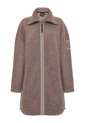 Bruine fleece jas met een volledige rits, kraag en lange mouwen. Heeft een gestructureerde stof en een klein patchdetail op de mouw.