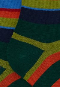 Calzini di cotone con molteplici righe orizzontali in blu, rosso, verde e giallo, con una texture morbida e la zona delle dita rinforzata.