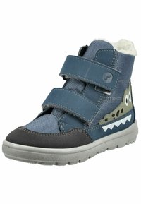 Bota infantil en azul y gris con un forro de felpa, dos correas de velcro y un diseño de dinosaurio juguetón en el lateral. Suela de goma, texturizada.