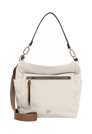 Kremowa torebka na ramię z przednią kieszenią na suwak, brązowym, regulowanym paskiem, czarną rączką i srebrnymi detalami.