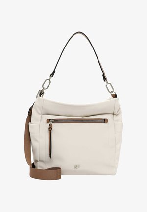 Kremowa torebka na ramię z przednią kieszenią na suwak, brązowym, regulowanym paskiem, czarną rączką i srebrnymi detalami.