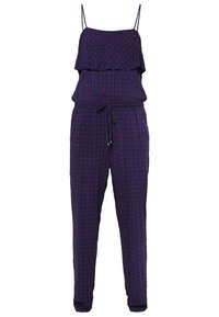 Marinblå overall med rysch, prydd med röda blommönster. Tillverkad av lättviktsmaterial, den har justerbara axelremmar och dragsko i midjan.