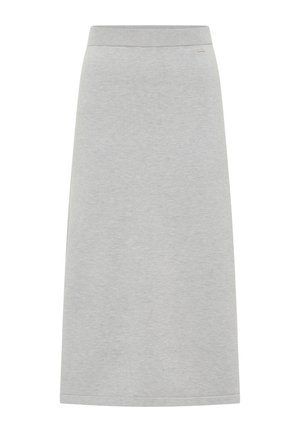 Jupe midi grise en tissu doux. Dotée d'une large taille élastique et d'une coupe droite, avec un design lisse et minimaliste.