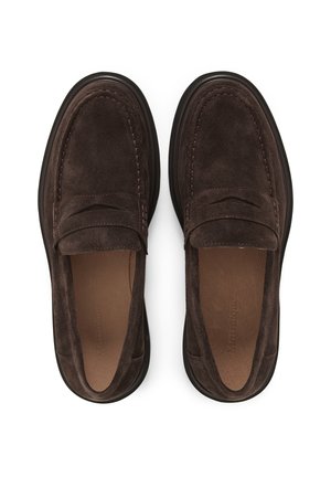 Pair of dark brown suede loafers with leather insoles, rounded toes, and black rubber soles, viewed from above on a white background.