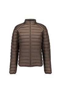 Chaqueta acolchada ligera marrón con cremallera completa en el frente y cuello alto, mangas largas y costuras horizontales.