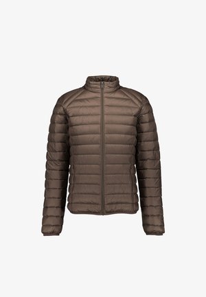 Giacca trapuntata imbottita marrone chiaro con zip frontale completa e collo alto, maniche lunghe e cuciture orizzontali.