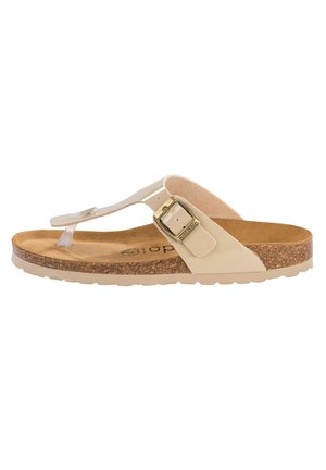 Beige sandal med korksål, tåstrop, justerbar spænde og polstret indersål til afslappet brug.