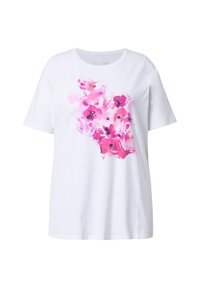 Hvid T-shirt med korte ærmer, rund hals og et blomsterprint i lyserøde akvareltoner midt på fronten.