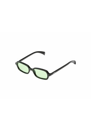 Zwarte rechthoekige brillen met lichtgroene getinte glazen en dunne pootjes, afgebeeld tegen een witte achtergrond.