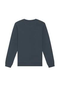 Sweatshirt bleu foncé à manches longues, avec un col rond et des poignets côtelés. Fabriqué en tissu doux avec une texture lisse et sans motifs visibles.