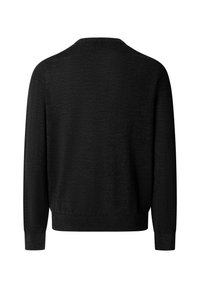 Černý svetr s kulatým výstřihem a dlouhými rukávy. Hladká textura s jemným pleteným detailem na límci a manžetách. Jednoduchý design, bez ozdob.