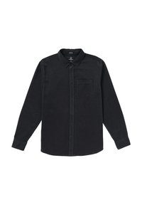 Chemise noire à manches longues en tissu doux, avec un col boutonné, une poche avant et des boutons sur le devant.