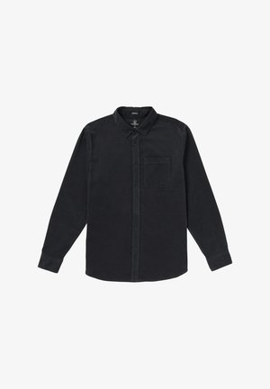 Black long-sleeve shirt made of soft fabric, featuring a button-down collar, front pocket, and button closures along the front.