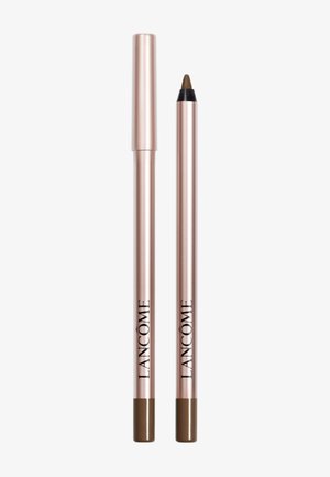 Deux crayons eyeliner Lancôme en or rose, un avec capuchon et un avec pointe marron exposée, présentés sur fond blanc.