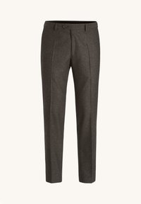 Pantaloni grigi su misura con una trama liscia, dotati di chiusura con bottone, due pieghe frontali e gambe dritte. Adatti per abbigliamento formale.
