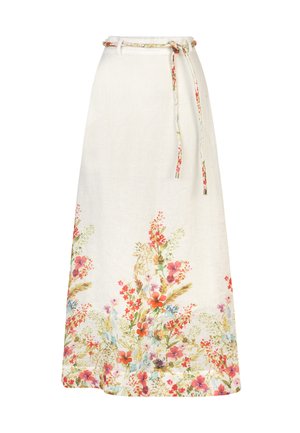 Gonna lunga floreale in tessuto leggero, con vita regolabile e motivi di fiori multicolore su sfondo crema.