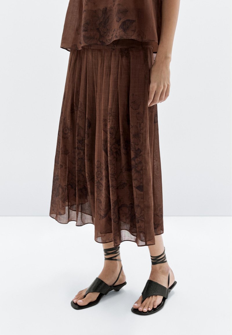 Massimo Dutti FLARED FLORAL PRINT MIDI - Jupe plissée - mottled dark brown