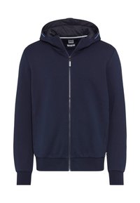 Felpa zip-up navy realizzata in morbido tessuto, caratterizzata da un cappuccio foderato, polsini e orlo a costine, e un design minimalista senza motivi visibili.