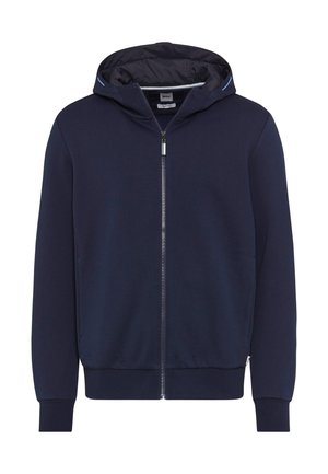 Felpa zip-up navy realizzata in morbido tessuto, caratterizzata da un cappuccio foderato, polsini e orlo a costine, e un design minimalista senza motivi visibili.