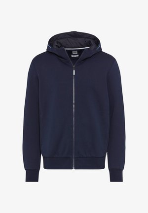 Marinefarbener Reißverschluss-Hoodie aus weichem Stoff, mit gefütterter Kapuze, gerippten Bündchen und Saum sowie einem minimalistischen Design ohne sichtbare Muster.
