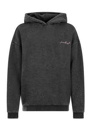 Donkergrijze hoodie van een gestructureerde stof, met een voorzak en een roze geborduurd logo. Voorzien van een trekkoord in de capuchon en geribbelde manchetten.