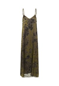 Abito lungo senza maniche di colore verde oliva con motivi tie-dye neri e grigi scuri. Realizzato in un tessuto liscio e leggero, presenta spalline regolabili.
