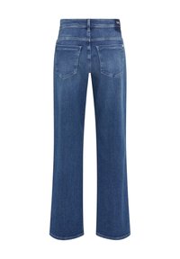 Jean en denim bleu à jambes droites, avec deux poches arrière et un patch de marque sur la ceinture, vu de dos.