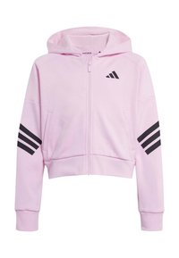 Sudadera con cremallera color rosa, confeccionada en tejido suave, con capucha, dos bolsillos laterales, detalles en negro con tres rayas en las mangas y un logo en el pecho.