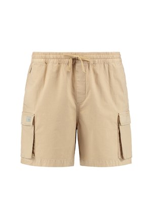 Beige cargo shortsit, joissa on joustava vyötärö, naru ja kaksi sivutaskua. Ne ovat sileäpintaiset ja niissä on minimaalinen ommeltyö.