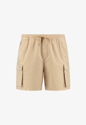 Beige cargo sortok rugalmas derékkal, zsinórral és két oldalsó zsebbel, sima textúrával és minimális varrással.