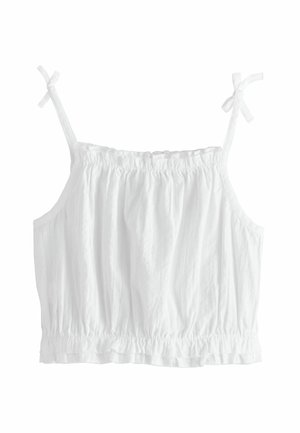 Biały krótki top na ramiączkach z regulowanymi sznurkami, marszczoną teksturą i falbaną u dołu. Wykonany z lekkiego materiału.