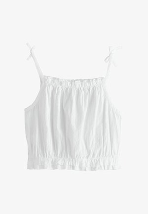 Bijela uska majica s tie trakama koje se mogu prilagoditi, naboranom teksturom i volanima na rubu. Izrađena od lagane tkanine.
