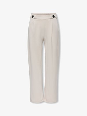 Beežid kõrge vöökohaga sirge lõikega püksid, mille vööosadel on kaks musta nööpi ja ees peened voldid.