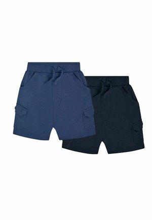 Due paia di pantaloni corti in navy e blu scuro, realizzati in tessuto morbido, con tasche laterali e vita regolabile con cordino.