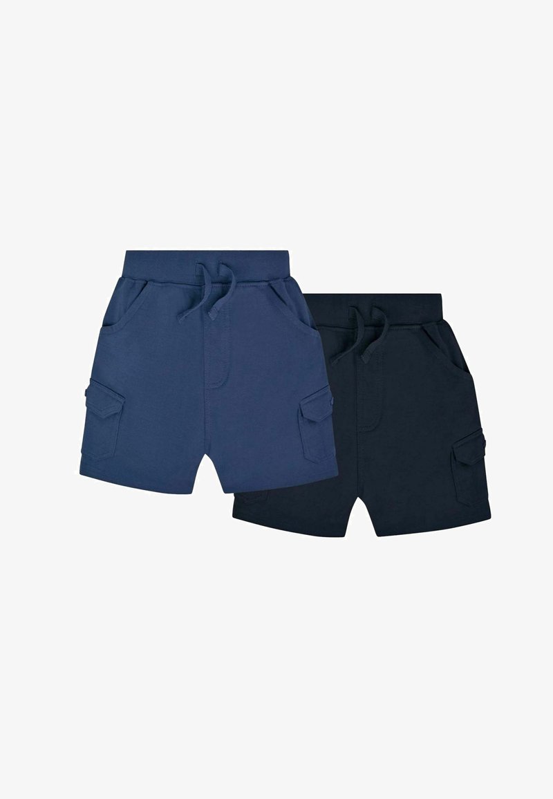 Due paia di pantaloni corti in navy e blu scuro, realizzati in tessuto morbido, con tasche laterali e vita regolabile con cordino.