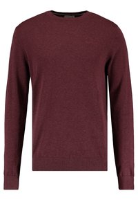 Bordeauxfarbener Rundhalsausschnitt-Pullover aus einem weichen, strukturierten Strick. Lange Ärmel, gerippte Bündchen und Saum, mit einem klassischen, schlichten Design.