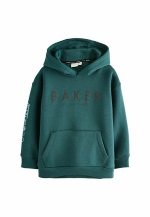 Turkizna kapuca majica s prednjim žepom, s natpisom "BAKER" u tamno smeđoj boji i grafičkim detaljima na rukavu. Mekana tekstura tkanine.