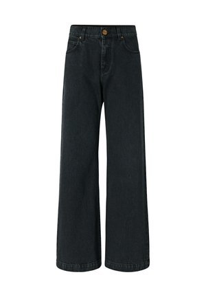 Jeans neri a gamba larga con tasche frontali, passanti per cintura e chiusura con bottone in vita.