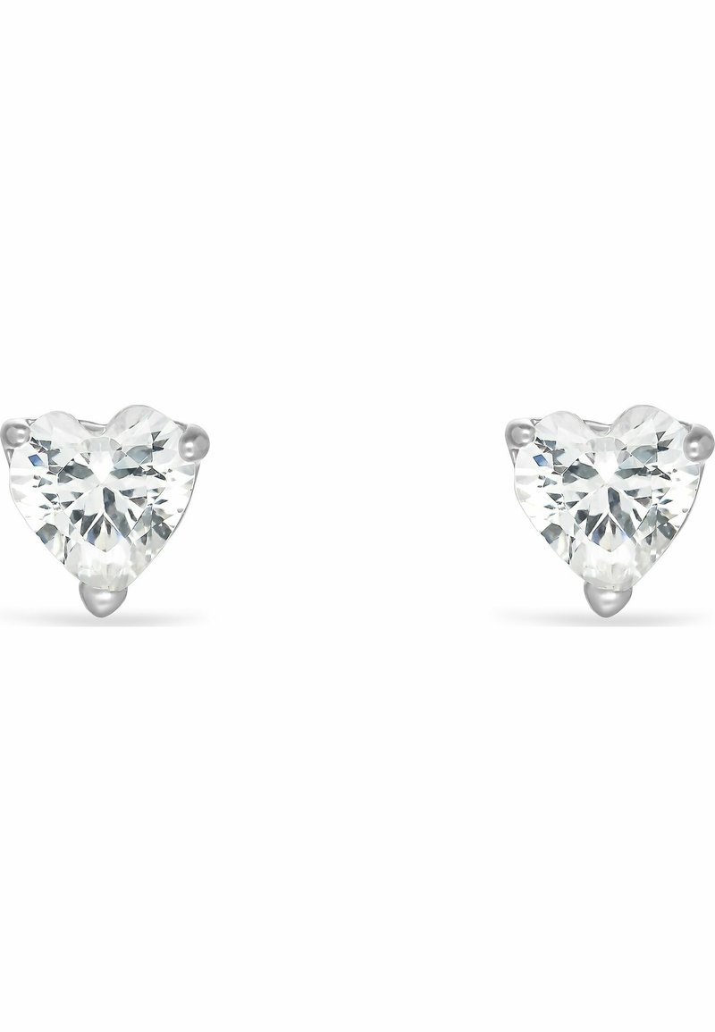 Orecchini a forma di cuore con pietre trasparenti sfaccettate montate su metallo color argento. Il design mette in risalto uno stile minimalista classico.