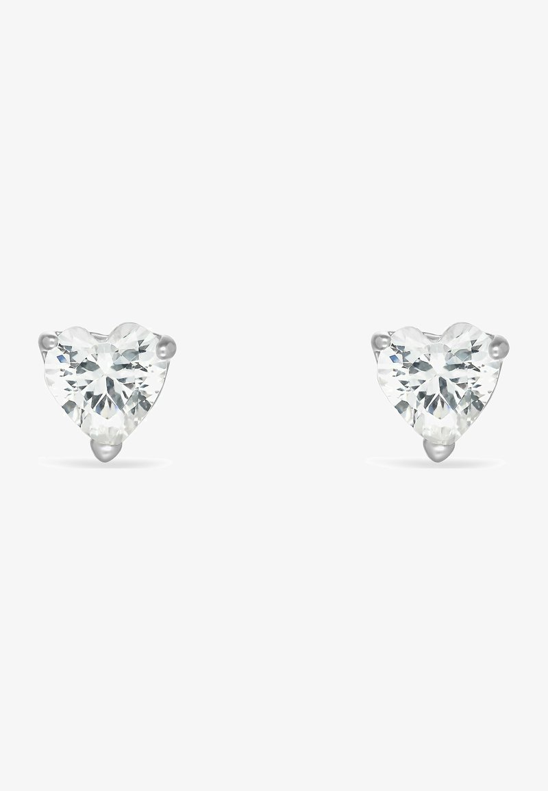 Orecchini a forma di cuore con pietre trasparenti sfaccettate montate su metallo color argento. Il design mette in risalto uno stile minimalista classico.